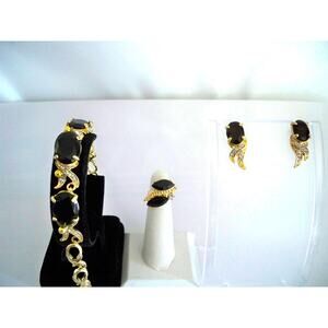 Black rhinestone 3 pc set, wedding MOB gothic  prom party evening bracelet set